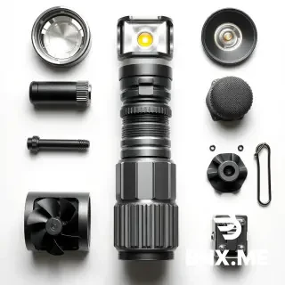 Product explosion view / knolling style disassembly of a high-performance LED flashlight / work light.  Components from top to bottom / left to right:  1. High-definition optical lens (clear convex lens) 2. High-intensity LED bead (model 4575, square shape, yellow emitting surface) 3. High-spotlight reflector cup (smooth parabolic shape, metallic finish) 4. Self-contained secondary reflector cup (removable, textured surface, for flood/spot switching) 5. Aviation aluminum alloy main body (cylindrical with cooling fins, gray anodized) 6. High-speed silent cooling fan (small axial fan, black blades, silver frame) 7. Special buckle / clip (metal spring clip, used to secure the secondary reflector or battery cover)  Layout: White background, evenly lit, high resolution, e-commerce product infographic style. Each part is separated by a small gap, arranged in the order of assembly. No text, no watermark.