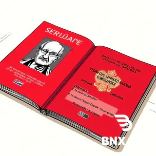 Colorful european comic book style, ligne claire, clear black ink outlines, flat colors, no shading. Extreme close-up of an open red Russian passport lying on a wooden table. The left page shows a black-and-white photo of an elderly man. Visible text: "SERIJA 1111 No 123456", "VYDAN OVD LENINSKOGO RAJONA g. SMOLENSKA", "PROPISKA: d. 16 derevnja Dobybki, Roslavlskij rajon". No people. No speech bubbles. No empty circles. Background light beige.
