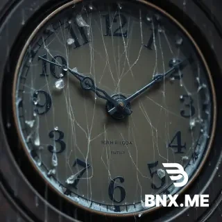 Extreme close-up of an old antique wall clock, the hands are frozen and rusty, spider webs covering the clock, rain drops falling on the clock face, dark grey atmosphere, representing time standing still, anime style.