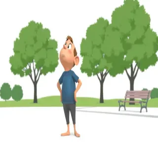 Indicación: Fotograma de animación plana 2D de un monigote, fondo blanco, 16:9 horizontal. Un monigote con expresión neutral está de pie en un parque, mirando hacia arriba. Tiene los brazos a los lados y la cabeza ligeramente inclinada hacia arriba. El monigote viste una camiseta azul sencilla y pantalones grises. No hay texto en el fotograma. El fondo muestra algunos árboles simplificados de color verde oscuro y un banco en la esquina izquierda. La escena transmite una sensación de observación simple. El monigote está en el centro del encuadre, con la cabeza girada hacia el extremo derecho donde se insinúa la presencia de un pájaro, aunque este aún no es visible. Contornos negros gruesos. Colores planos simples. Sin degradados. Sin sombras. Estilo educativo de dibujos animados. Todos los textos que aparezcan en las imágenes deben estar redactados en español.