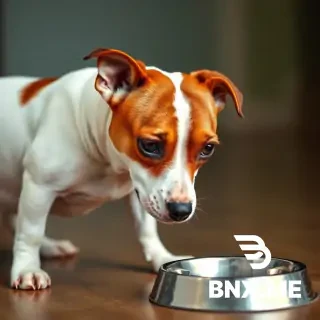 A Jack Russell Terrier, all white with two large brown patch completely covering both eyes, looking at an empty dog bowl on the floor, photorealistic style