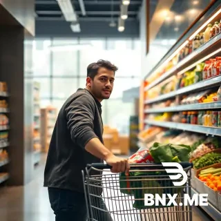 A photorealistic scene of a young man in his mid-20s with casual modern clothing, pushing a shopping cart through a brightly lit modern supermarket aisle, picking up a package of fresh vegetables from the shelf, natural daylight coming through large store windows, realistic skin texture and facial expression, detailed background with colorful products, sharp focus, cinematic composition, hyper-realistic, 8k, shot on high-end camera, soft natural shadows, no cartoon style, no sci-fi elements, everyday lifestyle scene