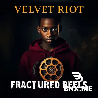 "Cinematic poster. A striking black teenager with dark skin, intense eyes, dramatic shadow on face, wearing a velvet burgundy hoodie. Standing in dim room with gold rim light. Holding a vintage film reel. Deep charcoal background. Gold smoke swirls. Moody, aesthetic, emotional. Text 'VELVET RIOT' in elegant gold serif font at top. Text 'FRACTURED REELS' in rough white grunge font underneath. 16:9 ratio. High detail, cinematic lighting, film grain." With no bnx me