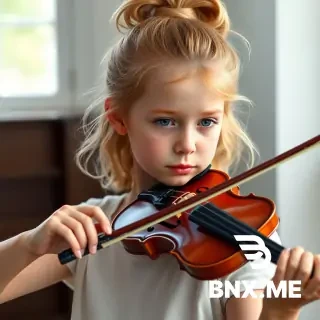 A 13-year-old girl with light strawberry-blonde wavy hair tied in a high ponytail on top of her head. She has a narrow, delicate face, fair skin, and a pear-shaped body type. She stands about 160 cm tall. She is passionately playing a violin, holding the bow gracefully. Soft natural lighting, portrait style, realistic art