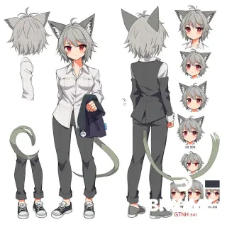 anime character sheet, character design sheet, full body, front view, back view, side view, expression sheet with 8 facial expressions, color palette swatches, female office worker, extremely messy disheveled grey medium hair, large ahoge, grey fluffy cat ears, grey fluffy cat tail, red sleepy eyes, noticeable under-eye bags, dark circles under eyes, mole under left eye, catlike smile, cigarette in mouth, white dress shirt, dark grey tailored trousers, grey sneakers, holding dark grey blazer in hands, thin silver chain with silver GTNH logo pendant, wristwatch, white background, high quality, detailed --ar 3:4  Negative prompt: skirt, green hair, green tail, green ears, brown eyes, fish pendant, vest, heels, no cigarette, low quality, bad anatomy, extra limbs