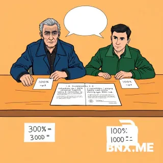Colorful european comic book style, ligne claire, clear black ink outlines, flat colors, no shading. Two men sitting at a wooden brown table. Left: elderly Sidorov (dark blue jacket, gray hair, wrinkles). Right: young Petrov (dark green jacket, short dark hair). On the table between them: a large open contract with visible text "1.2. Uchastniku 1 prinadlezhit dolja 30% ustavnogo kapitala nominalnaja stoimost 3000 rub. Uchastniku 2 - 10% nominalnaja stoimost 1000 rub." Next to the contract, two large bold numbers drawn on white cards: "30% = 3000 руб." and "10% = 1000 руб." with a simple drawing of a coin icon next to each (circle with "₽"). Above each man's head: empty white speech bubble, completely empty. No other people. Background pale orange. Flat colors.