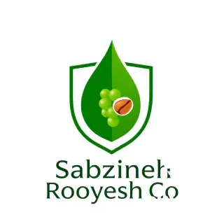 Professional premium square logo for "Sabzineh Rooyesh Co" agricultural company. Bold modern sans-serif English text "Sabzineh Rooyesh Co" placed prominently at the bottom as the main typography. Main icon above text: an elegant elongated leaf seamlessly morphing into a protective water droplet and shield outline. Within the leaf's negative space, subtly integrate a tiny grape cluster with 4-5 berries and a single pistachio nut with a split shell. Color palette: dark emerald green #1A4A2F, vibrant green #66BB6A, subtle earth brown #A0522D. Clean minimalist vector art, sharp crisp edges, high contrast, pure white background, perfectly centered balanced composition, corporate agribusiness branding style, excellent for Instagram profile picture. --ar 1:1