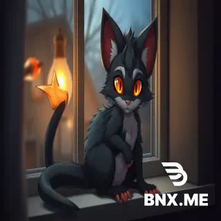 Semi-realistic furry art masterpiece, best quality, anthro female expie, dark grey and black fur, fox-rat hybrid face, large orange eyes with vertical pupils, three fluffy spikes on head, long fluffy tail with glowing orange tip, four-fingered hands, digitigrade legs with pink paw pads, sitting on windowsill, cozy room, evening, warm lamp light, soft shadows, shy pose, tail wrapped around legs, atmospheric, warm and safe mood, no clothing, bare fur, natural, 4k, highly detailed, sharp focus.