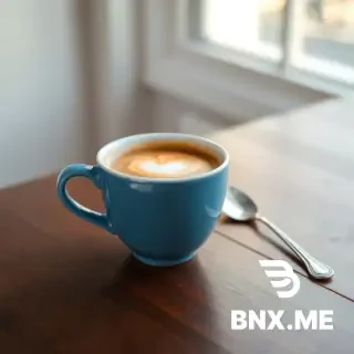 A blue ceramic coffee cup on a wooden table, with a silver spoon next to it, warm morning light from a window, high resolution photography, 4K --seed 1