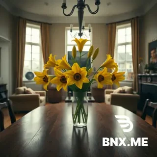 A surreal hyperrealistic wide-angle interior scene of a warm, elegant living room belonging to a happy British family, featuring a polished walnut dining table at the center with a vase of yellow lilies, each flower containing a lifelike human eye at its center staring directly into the camera, cinematic fine art photography style, soft natural daylight filtered through windows but dimmed by a heavy overcast sky, colors slightly faded as if drained of joy, atmosphere of quiet unease over domestic warmth, detailed textures of wood, petals, and eyes, ultra-detailed 8k realism.