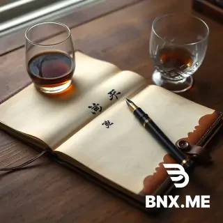 A close-up of an old leather-bound notebook lying open on a wooden desk. On the page, handwritten in ink are Chinese solar terms: "春分" "夏至" "秋分" "冬至" in elegant calligraphy. Beside the notebook, a crystal brandy glass with a last sip of amber Armagnac, and a vintage fountain pen resting on the page. In the reflection on the glass surface, a faint composite image of the same tree across four seasons: blooming, full, golden, bare. Mood: reflective, timeless, poetic. Color palette: warm amber, ink black, aged paper cream, subtle seasonal colors in reflection. Photorealistic, soft natural window light, 4K.