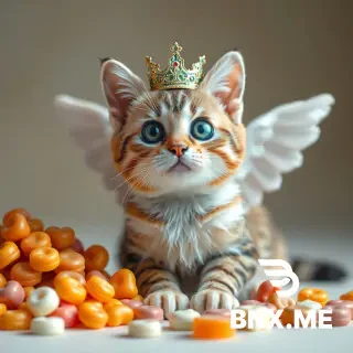 A cat with wings and a crown, next to a pile of sweets