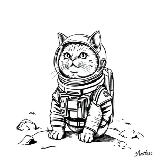 Generate a black and white ink sketch of a cat in a retro sci-fi spacesuit on Mars. High contrast, sharp black lines on white background, cross-hatching shading, engraving style.