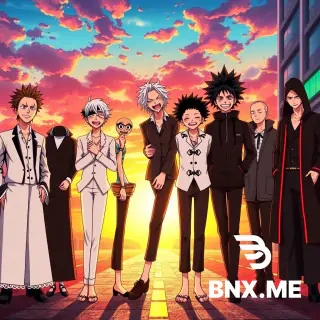 Aizen (Bleach), Gojo (Jujutsu Kaisen), Inosuke (Demon Slayer), Light Yagami (Death Note), Zoro (One Piece), Noel Silva (Black Clover), Obito, and Madara (Naruto) — standing side by side in a single straight line, all laughing together uncontrollably. Each character has their unique traits: Aizen with his mysterious smirk, Gojo with his blindfold slightly tilted and white hair messy, Inosuke wearing his boar mask but laughing loudly from the chest, Light with a mischievous schoolboy grin, Zoro with a rare warm smile, Noel with elegant posture but laughing eyes, Obito and Madara standing shoulder to shoulder with ironic, bittersweet laughter. The background is a surreal sunset battlefield mixed with a modern city street, symbolizing peace after conflict. The atmosphere is warm, joyful, and epic. Art style: vibrant anime illustration, cinematic lighting, high detail, colorful, group portrait, dynamic expressions, studio-quality render.with there real faces and masks lfully deal