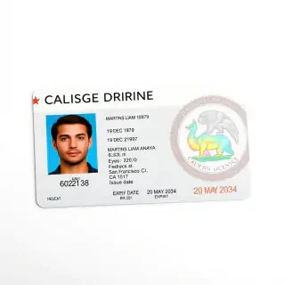 Create an Ultra-realistic 16:9 close-up scan of a California driver's license placed on a clean light grey/white background. The card is horizontally aligned, centered in frame, captured in sharp focus with studio lighting.  Design features a modern government-issued ID layout with English text. Top-left includes the California state flag with bear emblem. Header text reads “CALIFORNIA DRIVER LICENSE”.  The card includes a passport-style portrait of a man: brown hair, neutral expression, direct gaze, warm skin tone.  Personal details section includes: – Name: MARTINS LIAM ANAYA – Date of birth: 19 DEC 1979 – Height: 6.20 ft – Weight: 238.10 lb – Eyes: brown – Hair: brown – Address: Frederick St, San Francisco, CA 94117 – Issue date: 20 MAY 2024 – Expiry date: 20 MAY 2034  Background design includes intricate guilloche patterns, microprinting, and soft gradients. A large holographic state seal occupies the right side with iridescent rainbow reflections.  Additional elements: – Government of California emblem in top-right – Embedded hologram square with security seal – Fine-line engraving patterns across the surface – Signature at bottom right (“MARTINS LIAM ANAYA”)  Lighting is soft and even, highlighting laminated plastic texture, subtle reflections, and security overlays. No hand visible. Clean, minimal, professional composition. Photorealistic, high detail, 8K quality.