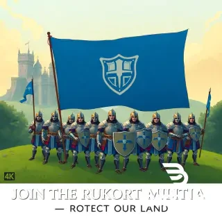 Epic fantasy recruitment poster for the guild "RUKORT". A group of brave heroes in shining armor stands together on a green hill, holding a large blue banner with a shield emblem. In the background, a majestic castle with towers. Pastel color palette: soft green and sky blue. Warm sunset lighting, friendly and inspiring atmosphere. No weapons visible, only shields and flags. Text at the bottom: "JOIN THE RUKORT MILITIA — PROTECT OUR LAND". Style: classic fantasy illustration, highly detailed, 4k, cinematic.