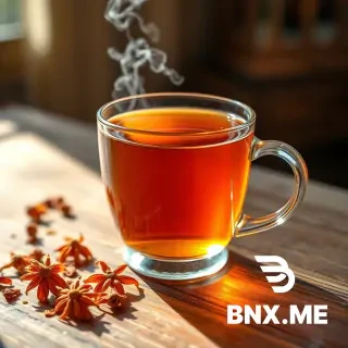 "A photorealistic close-up shot of a steaming glass cup of amber-colored herbal tea, with a few dried orange blossoms (bahar narang) scattered on a wooden table, soft natural light, warm and cozy atmosphere, ultra-detailed"