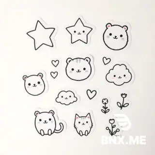 A collection of cute, simple black-and-white doodles on a soft pastel background. Includes smiling stars, round fluffy animals (bear, bunny, cat), tiny hearts, clouds with cute faces, and little plants. Drawn in a hand-drawn style with uneven, thin lines, no shading, very kawaii and childlike. White space around each doodle, like a sticker sheet."