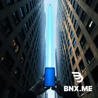 *Low-angle view from a deep street between two skyscrapers (urban canyon). A beam of blue light comes straight down from a high-orbit satellite above, piercing through the narrow gap and hitting a smartphone held by a person. Surrounding buildings have windows and shadows. The satellite is visible in the sky as a faint golden dot with a downward beam. Photorealistic, dramatic lighting, 4K, cinematic composition.*