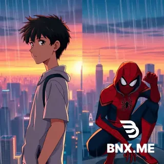 Anime and comic book crossover digital art. On the left, Shoya Ishida from A Silent Voice in his high school outfit, looking forward with a calm, thoughtful expression. On the right, Miles Morales as Spider-Man (hoodie and mask half off, showing his face), crouching dynamically. Background is a sunset over a neon-lit Tokyo–New York hybrid city skyline. Soft rain and glowing window lights. Split composition but connected by warm orange-blue gradient. Phone wallpaper aspect ratio 9:16, high detail, emotional and cinematic.