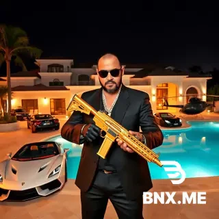 boring low quality snapchat photo circa 2015, A Mexican mafioso stands in front of a luxurious villa with a swimming pool, holding a gold-plated machine gun in his hands. Supercars and luxury cars are parked next to the villa, as well as a private helicopter. Make it as luxurious as possible