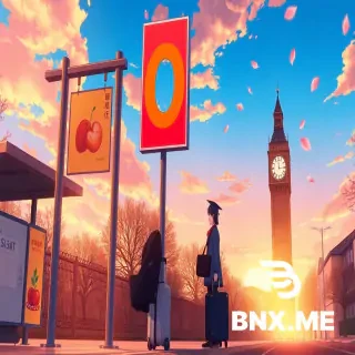 anime cinematic illustration, Makoto Shinkai style, beautiful sunset sky, a Chinese university graduate with suitcase standing at a bus stop, T-shaped metal bus stop sign pole, a colorful billboard poster for fruit milk drink with a big round orange letter O on the poster, old clock tower in far distance showing midnight 12:00, warm golden hour lighting, sakura petals floating, highly detailed background, widescreen 16:9 composition