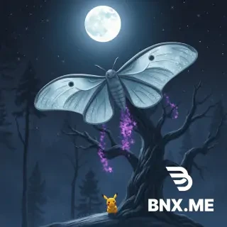 Moonmoth hovers silently above a moonlit forest. Its enormous silver wings shimmer with tiny stars, while pale purple dust drifts from them like glowing snow. Below, a curious Pikachu watches from behind an ancient tree as the full moon illuminates the entire scene.
