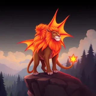 m1st1c,  A majestic lion with dragon wings and a mane that glows like a sunset, standing proudly on a cliff overlooking a magical forest.  , in the style of m1st1c