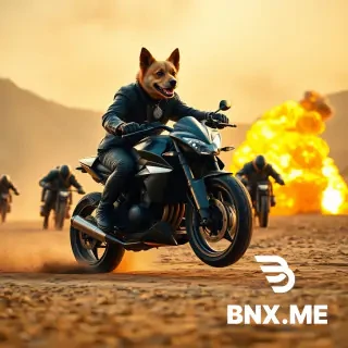 Cinematic action scene: a brave, stylish dog riding a sleek black motorcycle across a realistic battlefield. The lighting is natural and dramatic, not yellow. Behind him, a squad of armored enemy dogs in matching futuristic battle gear chase him aggressively. A large explosion occurs beside the motorcycle, with a bright orange fireball and smoke blast pushing the dog into a dramatic mid-air slow-motion pose. The scene is sharp, detailed, and epic — no distortion, clear faces, realistic proportions.
