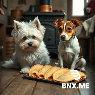 Photorealistic 1880s farmhouse kitchen, floor level, one white fluffy Maltese dog and one Jack Russell with brown ears that have drooping tips, brown eye patches with white fur strip between them, large round eyes, both sitting looking at a platter of intact semicircular folded tacos on the floor. Wood stove background. Realistic dogs, no humans.