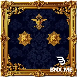 Luxurious classic fantasy poster background, ornate golden baroque frame, deep navy blue velvet backdrop, decorative damask pattern, four ornamental medallions, cherub statues, acanthus leaves, gold foil texture, royal palace atmosphere, symmetrical composition, elegant, high detail, 8k, no text