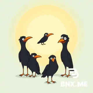 Generate a cartoon like image that shows visually the group name for crows