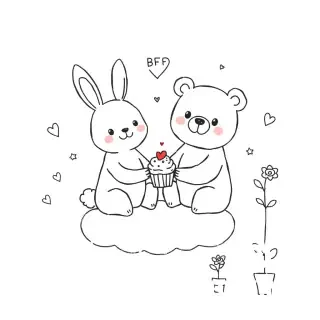 A hand-drawn black-and-white doodle sheet showing two smiling animals (a bunny and a bear) holding paws, sharing a tiny cupcake, sitting on a cloud. Around them: little heart speech bubbles saying "BFF", small stars, a friendship bracelet, and two flowers growing from the same pot. Kawaii style, thin uneven lines, simple and childlike, white background with soft pastel accents.