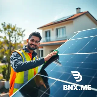 A modern family home in Hyderabad, India, with sleek solar panels installed on the rooftop, under bright morning sunlight. In the foreground, a professional Indian technician in safety gear and uniform is gently wiping a solar panel, smiling. The background shows a clean, well-maintained residential neighborhood with a clear blue sky and light trees. Cinematic lighting, ultra-realistic, high resolution, inviting and trustworthy mood, wide angle suitable for website hero banner – no text, no logos