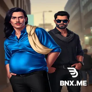 A 30-year-old Persian man (Sam) with long black hair, fully shaved face, thin eyebrows, glossy red lipstick, wearing a shiny bright blue satin shirt (stretched over a round pregnant belly), a cream silk scarf wrapped over his hair with a knot under his chin, tight black pants. His 28-year-old Persian friend (Saeed) is standing beside him, wearing sunglasses and a serious, confident smirk. Both are looking at the camera with bold, intense expressions. Urban background, dramatic lighting, photorealistic, cinematic, 8k.