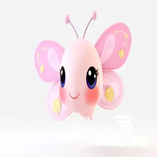 "3D animated character, a cute baby butterfly with pastel pink and purple wings with gold glitter patterns, big round dark eyes with tiny sparkles, delicate antennae with tiny tips, soft gentle smile, wings shimmering with sparkle trail, floating gracefully, Pixar/Illumination style, soft pastel colors, volumetric lighting, high detail, 8k resolution, white background with soft shadow for transparency."