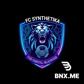 A sleek, modern football club crest logo for a team called "FC SYNTHETIKA". The emblem is shield-shaped with a dark metallic titanium background and glowing neon cyan and electric purple borders. In the center of the shield, a stylized robotic lion head with glowing blue cybernetic eyes, roaring proudly. Behind the lion, a subtle digital circuit board pattern and a football with data stream lines around it. Above the shield, the team name "FC SYNTHETIKA" in a bold futuristic sans-serif font, and at the bottom a small banner with the motto "THE DIGITAL GLADIATORS". The overall style is futuristic, sci-fi, cyberpunk, high contrast, 4k, vector style.