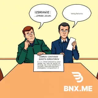 Colorful european comic book style, ligne claire, clear black ink outlines, flat colors. Meeting room with wooden table and a white card "IZBRANIE SOVETA DIREKTOROV". Petrov (dark green jacket) pointing to contract clause: "2.1.1. ... chtoby Sovet direktorov vsegda vkljuchal ne menee 1 chlena, izbrannogo iz chisla kandidatov, predlozhennyh Uchastnikom 2." Sidorov (dark blue jacket) holding a white voting ballot. Empty white speech bubbles above both heads, completely empty. Background light yellow.