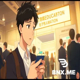 anime cinematic illustration, Makoto Shinkai style, crowded university job fair hall, a booth with banner text saying KNIGHT EDUCATION, a young man looking at his phone with chat messages on screen showing letters F and G, disappointed expression, other students in suits walking around, bright indoor lighting, widescreen 16:9 composition