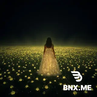 A beautiful full-length girl standing in the middle of a night field of tiny luminous creatures in a dress of very long luminous patches, fog, glow, storm effect, intricate