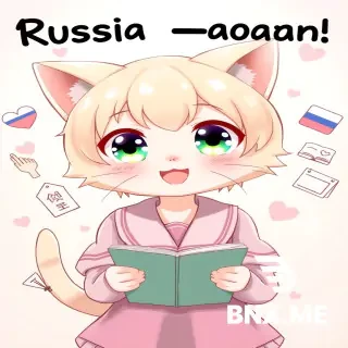 A cute anime cat girl with big sparkly eyes, studying [Russian language], surrounded by floating magic symbols and typical school items related to [Russian Language]. She is wearing a cute Japanese school uniform, smiling. The background is a soft pastel gradient with sparkles and hearts. Shoujo manga style, pastel colors, highly detailed, soft lighting, adorable, kawaii --ar 2:3