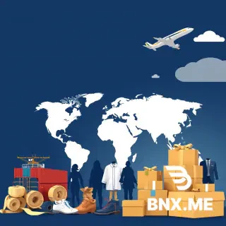 Professional B2B company profile banner, 1440x400 px, aspect ratio 3.6:1, corporate supply chain and export company. Theme: global trade, sourcing, logistics. Visual elements: shipping containers, cargo ship, airplane, world map, rolls of fabric, clothing silhouettes, shoes, boxes. Color scheme: navy blue, gold, white. Clean, modern, minimalist, high-end corporate style. Left side empty space for logo. Right side empty space for contact info. No text, no letters, no watermark. High resolution, sharp, realistic, wide banner.