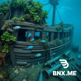 A photo of an ancient shipwreck nestled on the ocean floor. Marine plants have claimed the wooden structure, and fish swim in and out of its hollow spaces. Sunken treasures and old cannons are scattered around, providing a glimpse into the past.