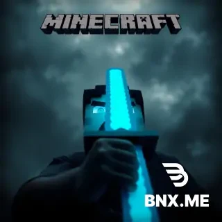 Minecraft thumbnail, low angle camera from below, dark stormy sky, player face center with angry scared expression, holding glowing blue sword, cyan color tone, sharp focus, dark vignette edges, no text, wemmbu style