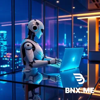 A futuristic humanoid AI robot with a flawless white and chrome metallic body, seated gracefully at a minimalist glass desk, interacting with a glowing transparent holographic laptop, floating digital equations and AI neural network nodes surrounding it, background is a luxurious futuristic penthouse with panoramic night city view through floor-to-ceiling windows, neon blue and violet ambient lighting reflecting off the robot’s surface, photorealistic, hyper-detailed, cinematic depth of field, award-winning composition, moody sci-fi aesthetic, 8k, unreal engine 5 render style, sharp focus, no animals, only robot