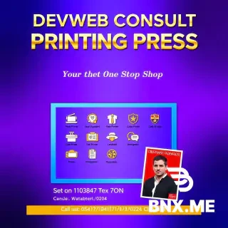 A professional, glamorous A4 portrait flyer design for a printing press shop in Ghana. The background is a luxurious gradient blending deep royal purple and bright electric blue. The layout is modern and elegant.  At the top of the flyer, in large bold gold metallic text: "DEVWEB CONSULT PRINTING PRESS". Below that, a smaller white tagline: "Your One-Stop Shop for Quality Printing."  The flyer is SINGLE sections. SECTION (Background: deep blue AND PURPLE): A clean white box with blue border. Inside, gold icons AND IMAGE OF LARGE FORMAT PRINTER, HEAT PRESS MACHINE AND T-SHIRT, COLOR PRINTER, NURSING STUDENT, POLICE AND IMMIGRATION, ALSO WHITE AND RED BACKGROUND COLOR PASSPORT SIZE PICTURE OF CRISTIANO RONALDO AND LIONEL MESSI .   Below the banner, on the left side, white text: "Call/WhatsApp: 0547177413/0204150781" and on the right side: "Location: [WANGARA LINE, TECHIMAN, BONO EAST REGION]".  Small decorative elements: faint gold stars or sparkles scattered around the flyer. The overall mood is glamorous, trustworthy, professional, and energetic. Leave a blank rectangular space at the bottom right corner for a logo or photo to be added later. The design should feel luxurious like a high-end invitation but also practical for a local business.