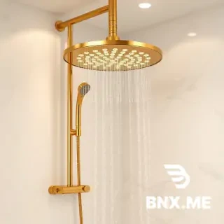 Champagne gold piano key shower system, brass construction, rainfall showerhead, elegant design, white marble bathroom background, soft golden lighting, no text, luxury fixtures, high-end product photography, 8k quality --ar 2:3