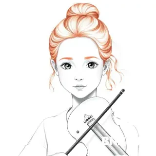 A 14-year-old girl with light reddish-brown wavy hair tied in a neat, strict bun on top of her head. Very narrow, elongated face with a round chin. High forehead. Small, narrow green-hazel eyes. Pear-shaped body type, 160 cm tall. Playing the violin. Full-body pencil sketch style, soft shading, realistic portrait drawing, fine lines, detailed graphite art, monochrome pencil illustration.