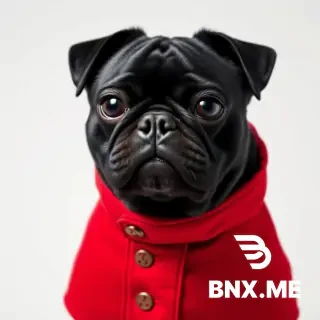 a black pug dog, wearing a chic red dog coat and looking threatening