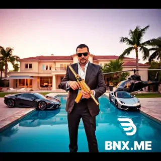 boring low quality snapchat photo circa 2015, A Mexican mafioso stands in front of a luxurious villa with a swimming pool, holding a gold-plated machine gun in his hands. Supercars and luxury cars are parked next to the villa, as well as a private helicopter. Make it as luxurious as possible